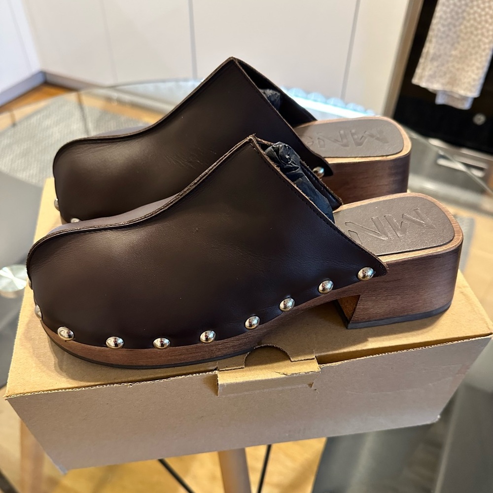 BRAND NEW Mango Zueco Brown Studded Leather Clog